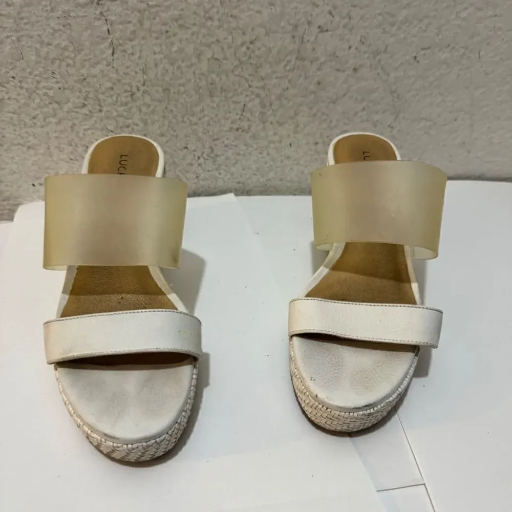 Lucky Brand Women's Brindia Wedge Sandal platform white/ clear sz 6